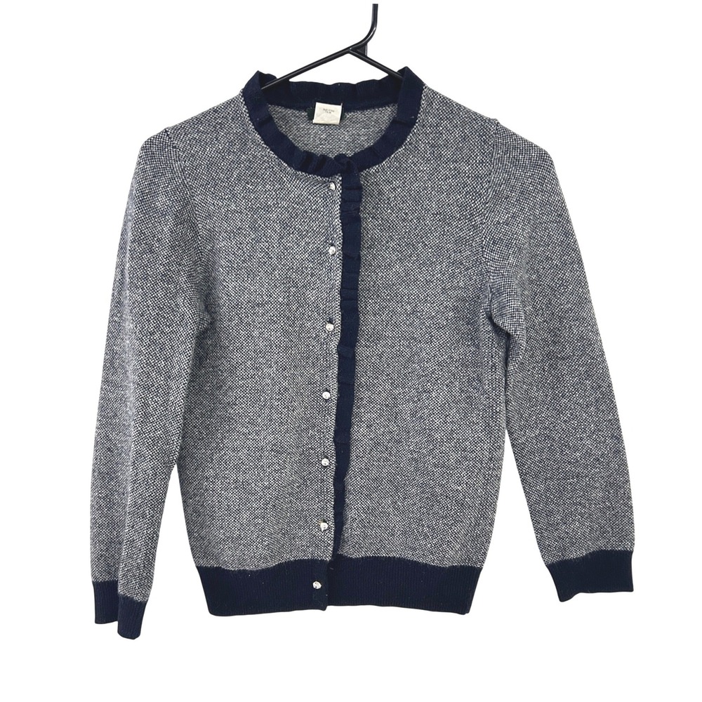 J.Crew Cardigan Ruffle Trim Rhinestone Button XS Navy‎ Grey Preppy Dark Academia